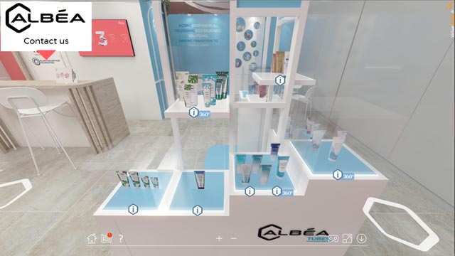 Exemple de visite virtuelle 3D avec contenu photo : le stand Albéa