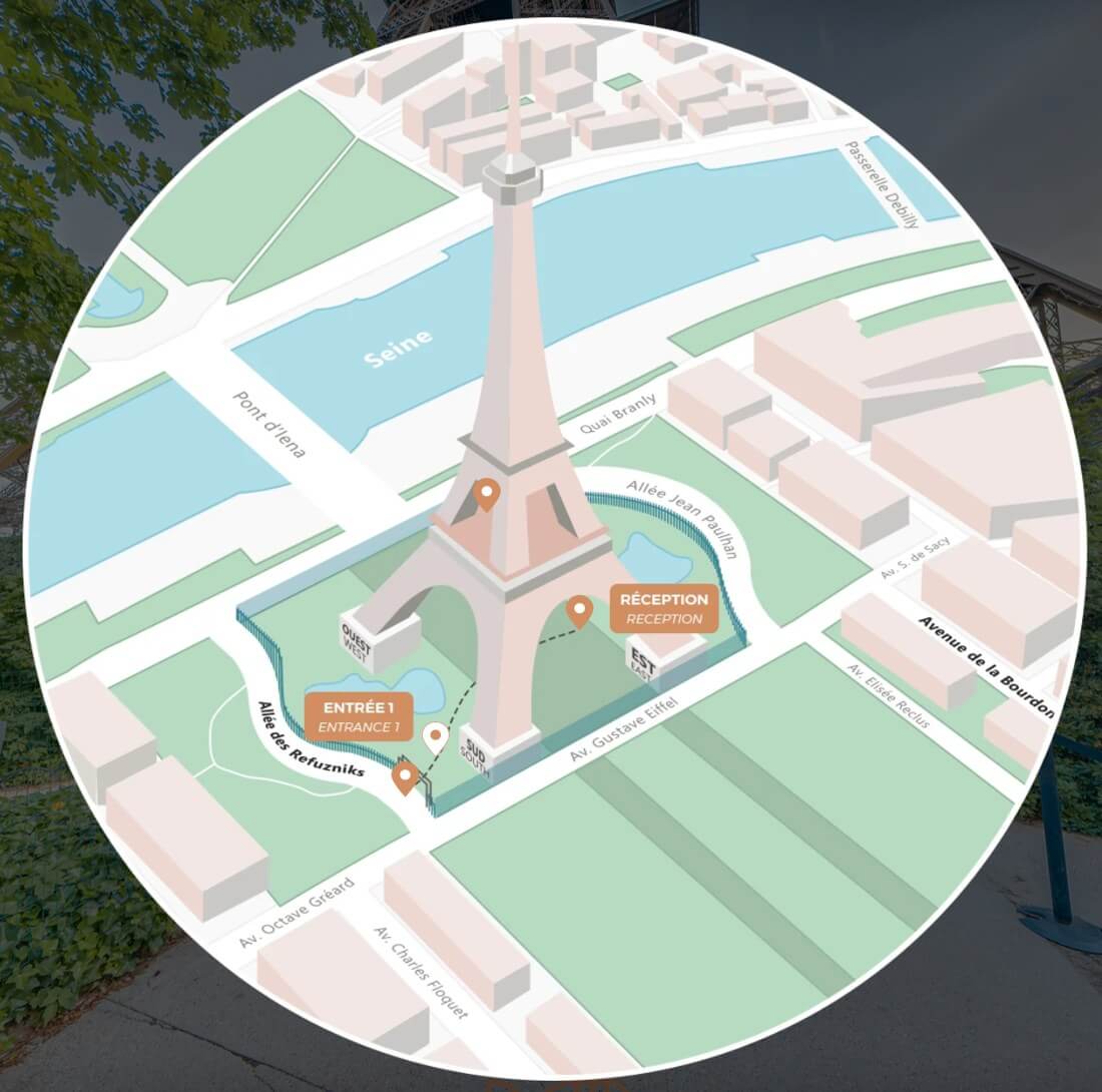 Plan interactif du parvis de la tour Eiffel situant l'Entrée 1 et la réception de Madame Brasserie